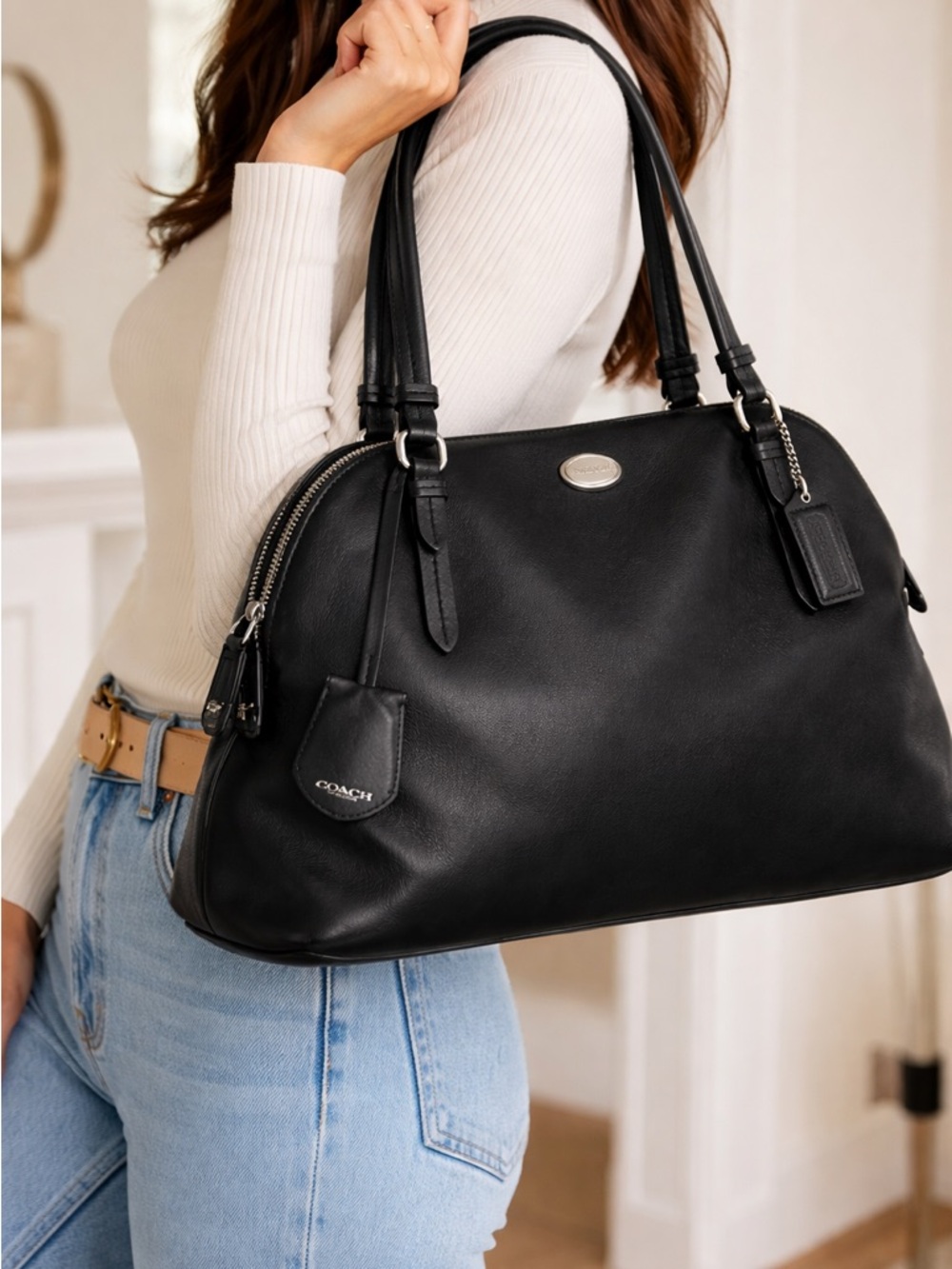 Coach Black Leather Shoulder Bag Silver Hardware structured Tote Classic - Picture 5 of 12